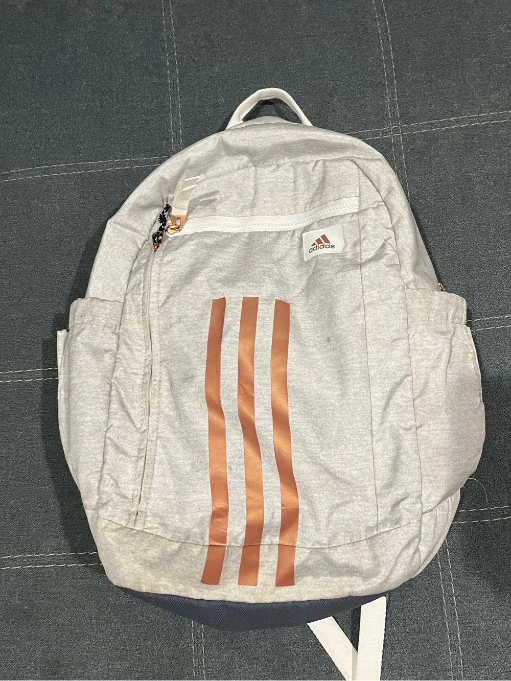 adidas Light Gray Backpack with Rose Gold Stripe Accents